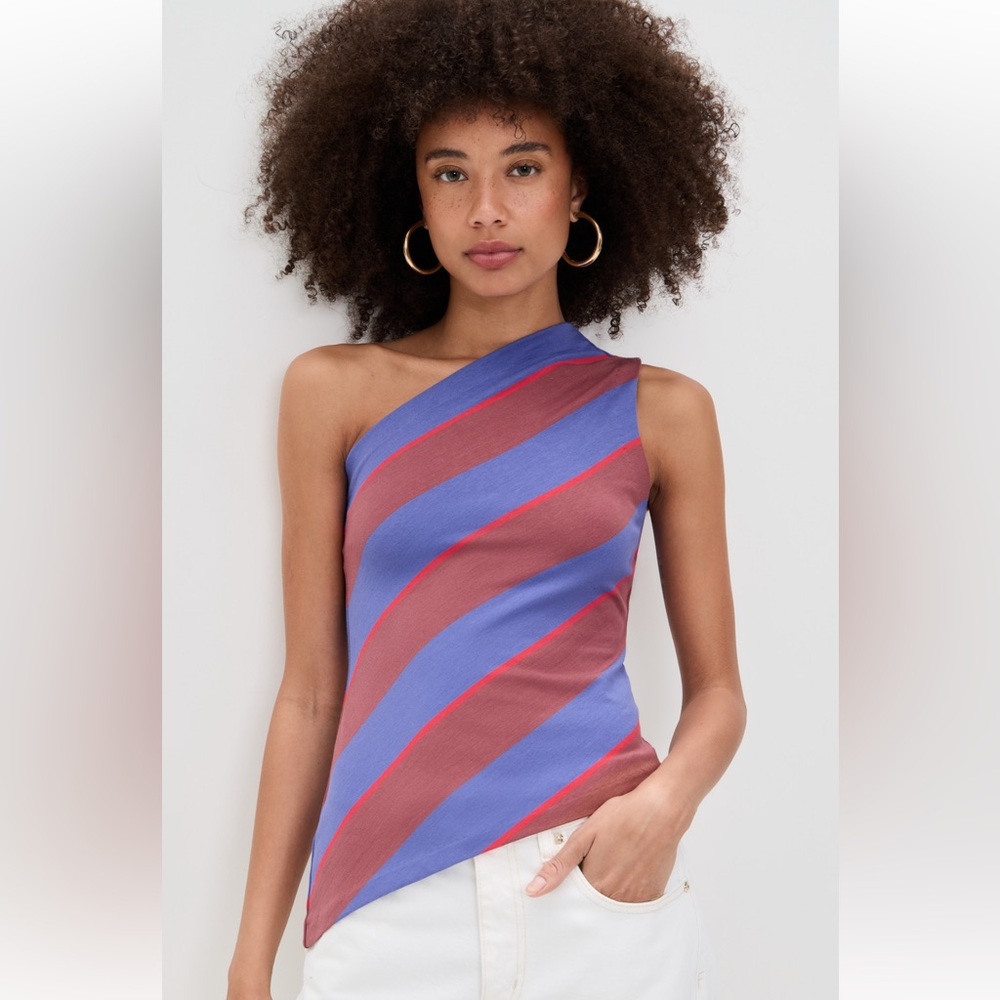 STAUD One-Shoulder Camisole in Blue and Red Stripes